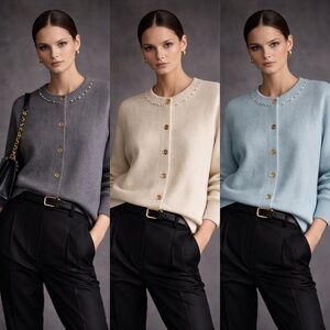 Women’s 100% Alpaca Cardigan Beaded Collar | Gray Ivory Blue | M | New